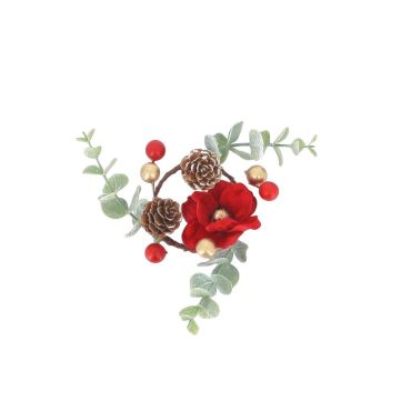 Rond de serviette de Noël en velours rouge avec pommes de pin et baies dorées | jourdefete.com