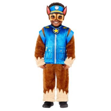 Déguisement enfant de chiot policier en peluche. C'est un déguisement de héros avec fourrure et gilet bleu