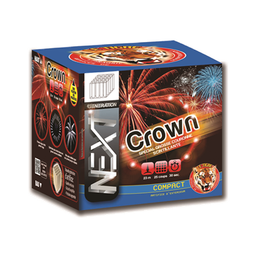 Feu d’artifice Compact Crown 25 tirs avec effets couronnes scintillantes pour spectacle extérieur.
