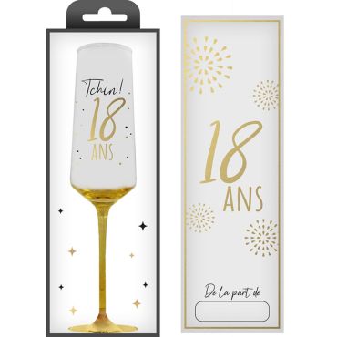 Flûte à champagne en verre décorée "18 ans" avec pied doré pour anniversaire | jourdefete.com