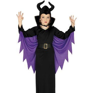 Fille déguisée en sorcière maléfique noire avec cornes | jourdefete.com