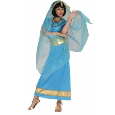 Femme déguisée en princesse hindoue, vêtue d’une robe longue bleue avec ceinture dorée et voile transparent assorti.