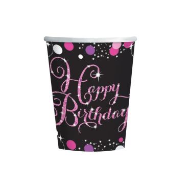 8 Gobelets "Happy Birthday" - Rose / Noir