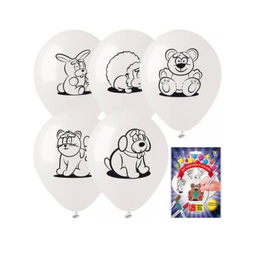 5 ballons à colorier thème animaux en peluche avec 3 feutres | jourdefete.com