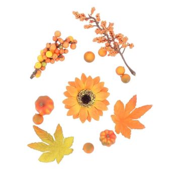 Assortiment déco automne orange avec citrouilles, fleurs et feuilles | jourdefete.com