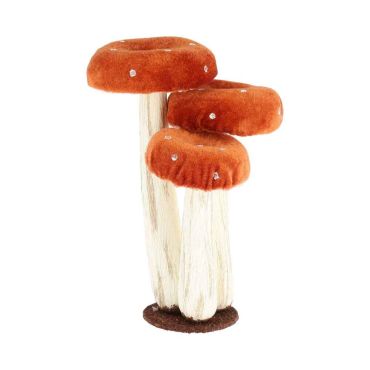 Trio de champignons décoratifs d'automne en velours orange et mousse sur socle | jourdefete.com Trio de champignons décoratifs d'automne en velours orange et mousse sur socle | jourdefete.com