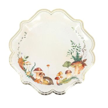 Assiettes en carton décorées de champignons et feuilles d'automne avec liseré doré | jourdefete.com Assiettes en carton décorées de champignons et feuilles d'automne avec liseré doré | jourdefete.com