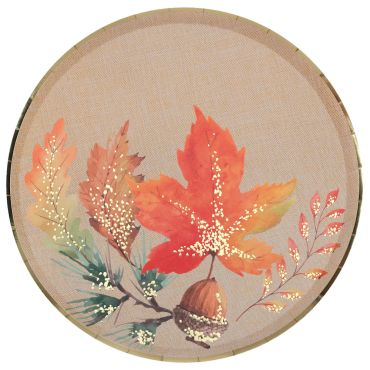 Assiettes automne effet lin avec feuilles, branches et gland - lot de 10 | jourdefete.com
