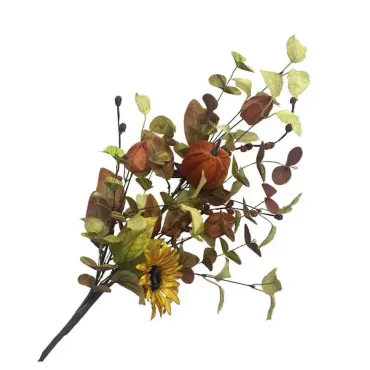 Une branche composée de feuilles, d'un tournesol et d'une citrouille en velours pour l'automne | jourdefete.com
