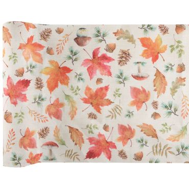 Chemin de table automne effet lin avec feuilles, glands et champignons - 3 m | jourdefete.com