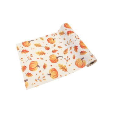 Chemin de table automne en toile claire imprimé citrouilles et feuilles 4 mètres | jourdefete.com