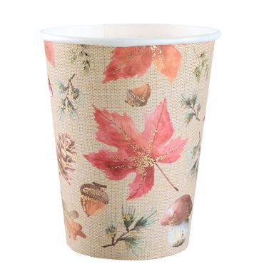Gobelets automne en carton avec fond lin et motifs forêt - lot de 10 | jourdefete.com
