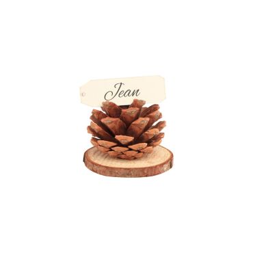 Marque-place automnal en forme de pomme de pin sur socle bois naturel | jourdefete.com