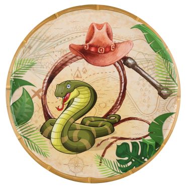 Assiettes en carton Aventure Party avec chapeau, fouet et serpent sur fond jungle | jourdefete.com