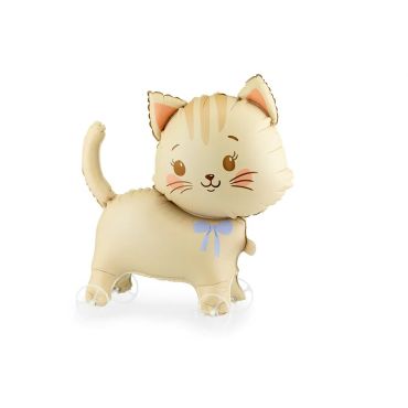 Ballon marcheur en aluminium en forme de petit chat beige avec un nœud bleu et des roulettes | jourdefete.com
