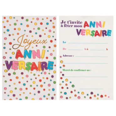 6 invitations de la collection anniversaire ballons multicolores