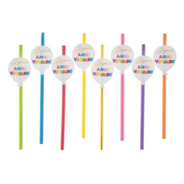 8 pailles en papier anniversaire ballons multicolores