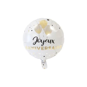 Ballon mylar rond "Joyeux Anniversaire" blanc et or avec ballons imprimés | jourdefete.com