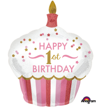 Ballon Joyeux Premier Anniversaire - Rose Holographique