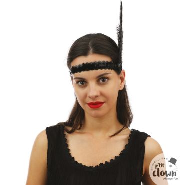 Bandeau Charleston noir orné de sequins et d’une plume élégante | jourdefete.com