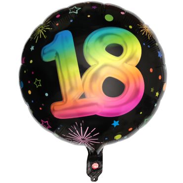 Ballon en aluminium 18 ans Festicolor avec design arc-en-ciel sur fond noir | jourdefete.com