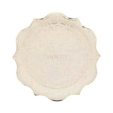 Assiettes carton baptême effet lin et or 23 cm | jourdefete.com