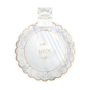 Assiettes baptême avec motifs dorés de colombes et feuillages | jourdefete.com