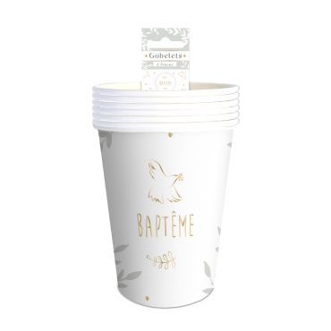 Gobelets baptême en papier avec colombes dorées et inscription | jourdefete.com