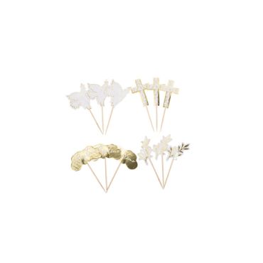 12 Pics Baptême Jolis Brins Blancs et Or 7 à 8,5 cm | jourdefete.com