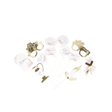 Kit Photobooth - 12 Pièces - Collection Pampas, Fleurs de Coton et Or