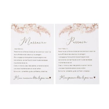 2 cartes Parrain, Marraine - Collection Pampas, Fleurs de Coton et Or
