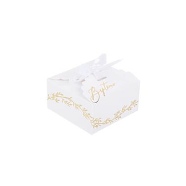 10 Contenants Baptême Jolis Brins Blancs et Or 7 x 3,5 cm avec Ruban Satin Blanc | jourdefete.com