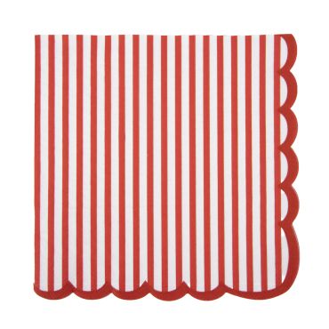 Serviettes en papier carrée avec rayures verticales rouges et blanches et bords festonnés | jourdefete.com