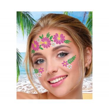 Bijoux adhésifs visage fleurs tropicales colorées | jourdefete.com