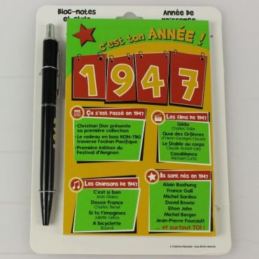 Bloc-notes et Stylo Année de naissance 1947