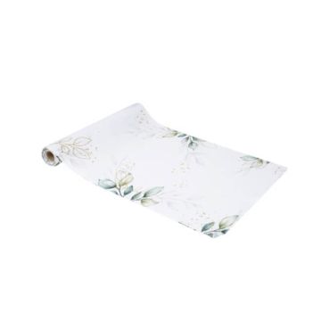 chemin de table botanique tissu blanc avec du feuillages et du doré