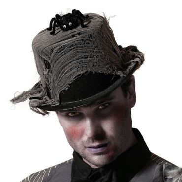 Chapeau noir avec toile d’araignée et araignée en peluche pour Halloween | jourdefete.com