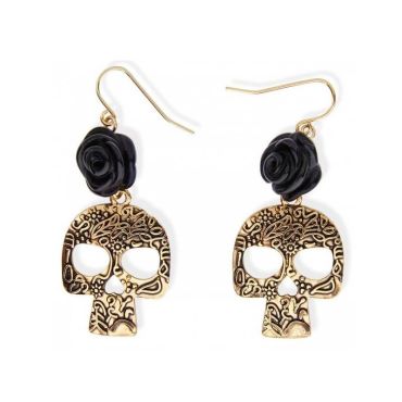 boucles-oreilles-pendantes-fete-des-morts-day-of-the-dead-rose-noire-crane-dore | JOURDEFETE.COM