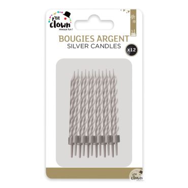Bougies argentées torsadées avec bobèche x12 pour fêtes et anniversaires | jourdefete.com