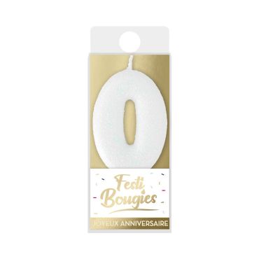 Bougie chiffre 0 blanche avec paillettes scintillantes | jourdefete.com