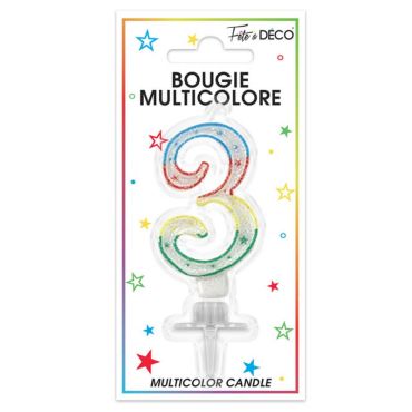 Bougie d'anniversaire multicolore chiffre 3