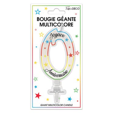 Bougie géante multicolore chiffre 0 pour anniversaire | jourdefete.com