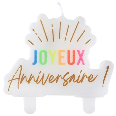 Bougie d’anniversaire Joyeux Anniversaire blanche avec lettrage doré et coloré | jourdefete.com