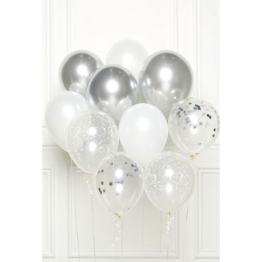 Bouquet de ballons argent et blanc avec confettis pour fête chic et douce | jourdefete.com Bouquet de ballons argent et blanc avec confettis pour fête chic et douce | jourdefete.com