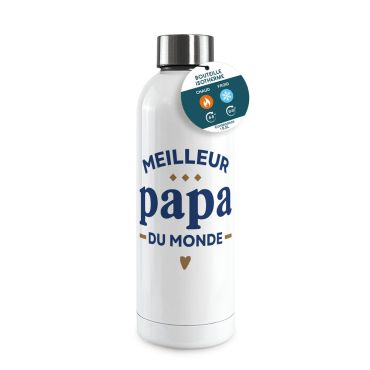 Bouteille isotherme blanche avec l'inscription Meilleur Papa du Monde en bleu et doré pour un cadeau de fête des pères | jourdefete.com