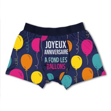 Boxer homme anniversaire avec ballons multicolores et texte "Joyeux Anniversaire, à fond les ballons" | jourdefete.com