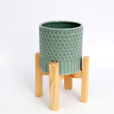 cache-pot-vert-pastel-plante-socle-bois-pin| JOURDEFETE.COM