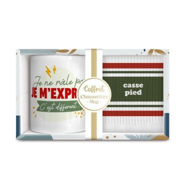 Coffret cadeau mug et chaussettes “Je ne râle pas, je m’exprime” et “casse-pied” | jourdefete.com