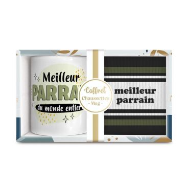 Coffret cadeau mug et chaussettes “Meilleur parrain” kaki et noir | jourdefete.com