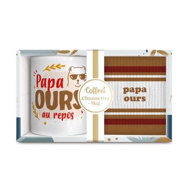 Coffret cadeau mug et chaussettes “Papa ours” marron et rouge | jourdefete.com